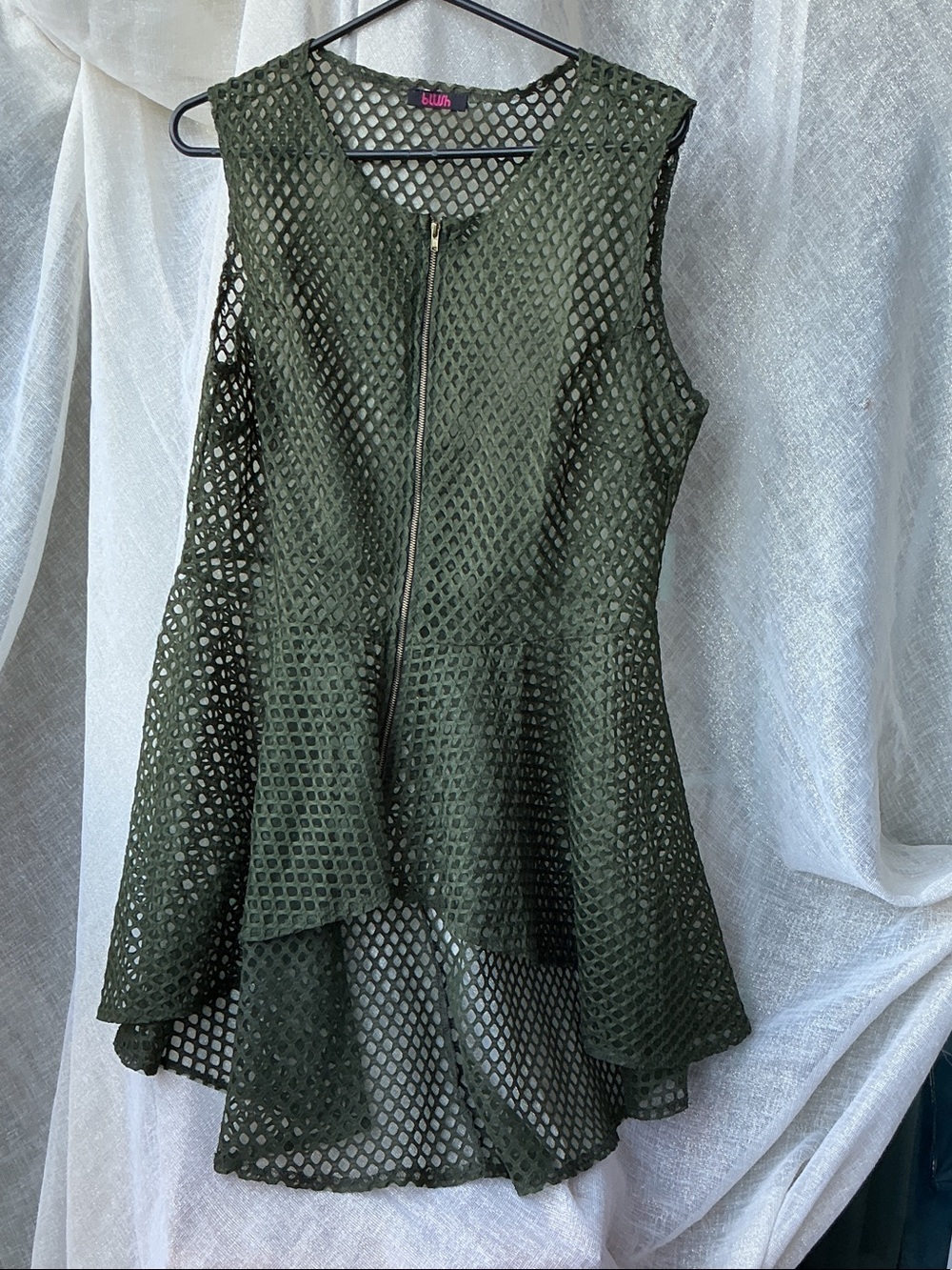 Blush Olive Mesh Peplum Zip Front Tunic